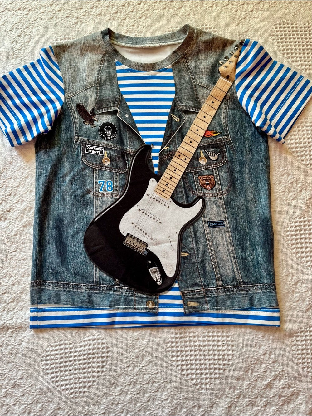 Kids' Blue Striped Guitar Hero Tee with Faux Denim Vest Image